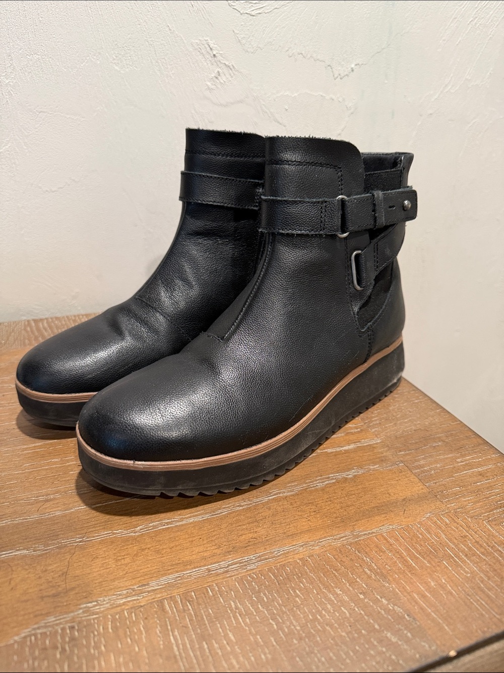 Clarks Black Leather Ankle Booties with Side Buckle